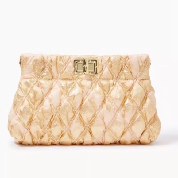 Lilly Pulitzer, New with Tag, Chancey Gold Quilted Clutch with optional strap - Picture 7 of 12